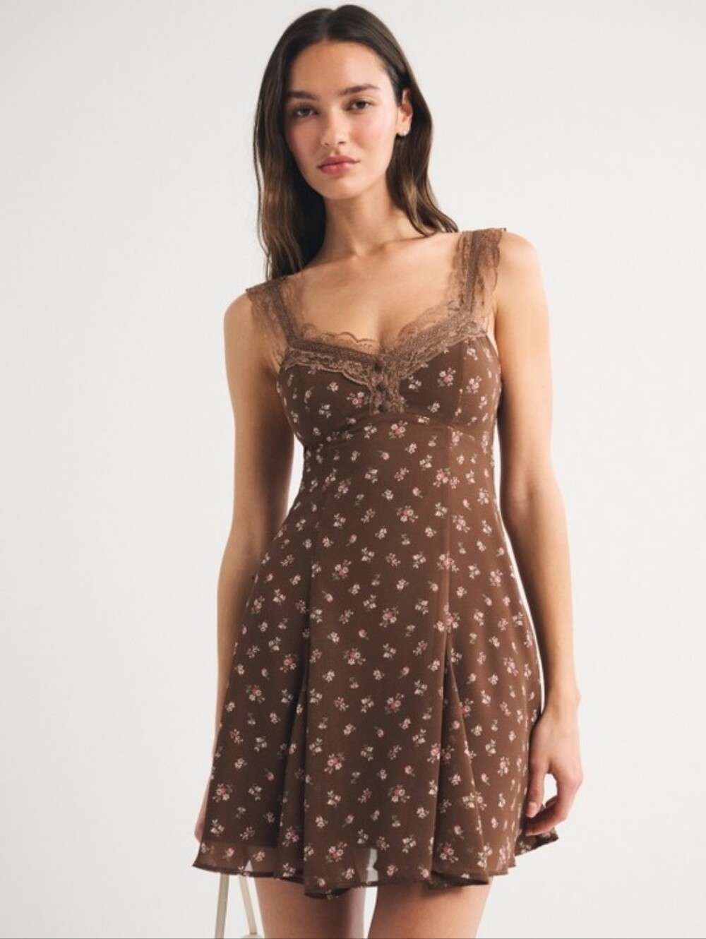 Abercrombie & Fitch Lace-Trim Button-Front Mini Dress Brown Size Large Romantic - Picture 2 of 8